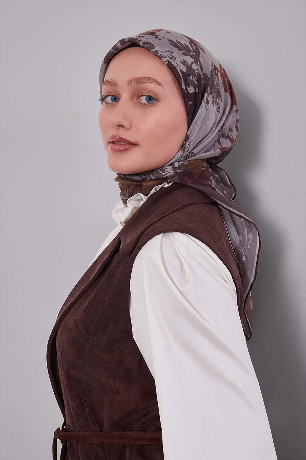 Fivescarf Kahve Karışık Desen Silk Coton Eşarp