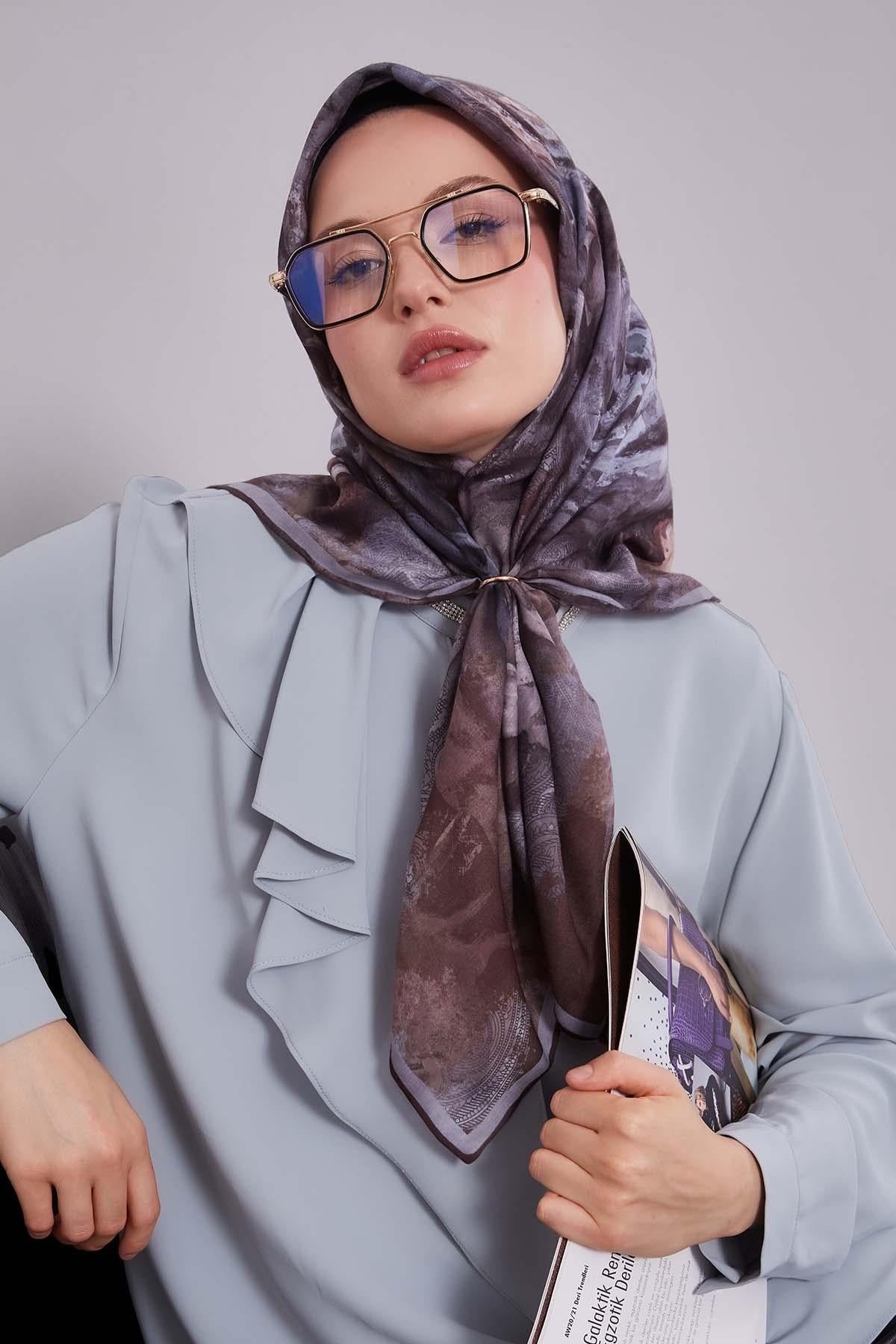 Fivescarf Kahve Lale Desen Silk Coton Eşarp