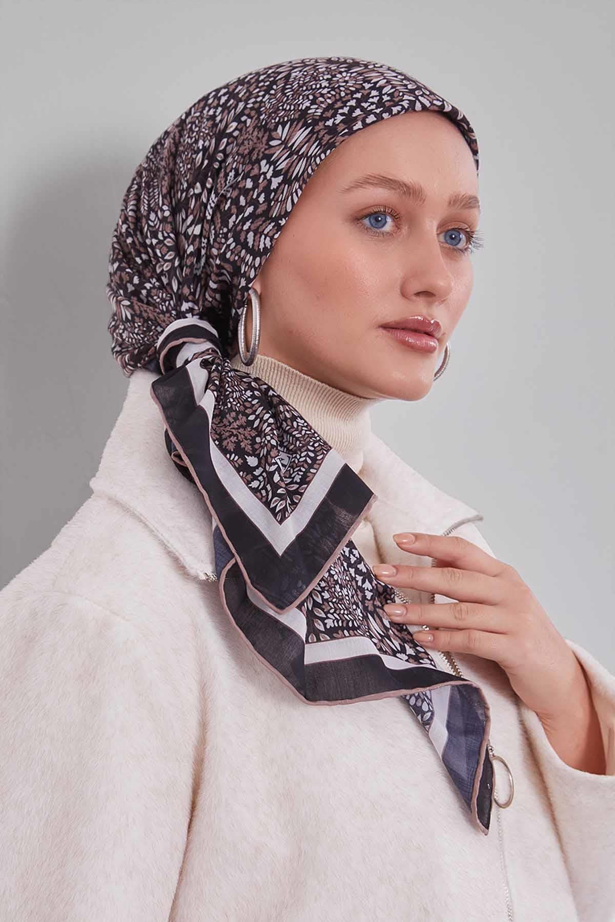 Fivescarf Kahve Mini Yaprak Desen Silk Coton Eşarp
