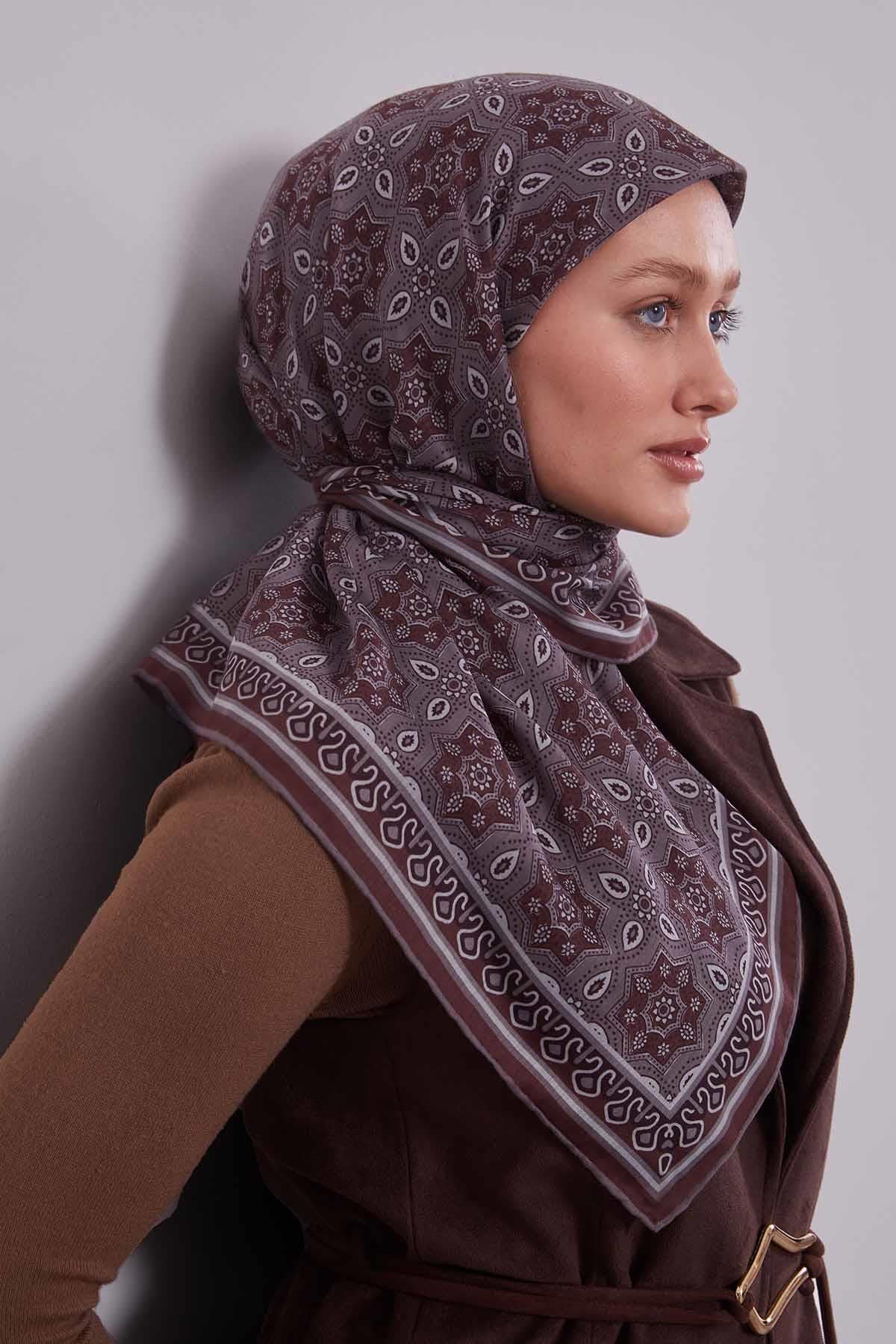 Fivescarf Kahve Motif Desen Silk Coton Eşarp