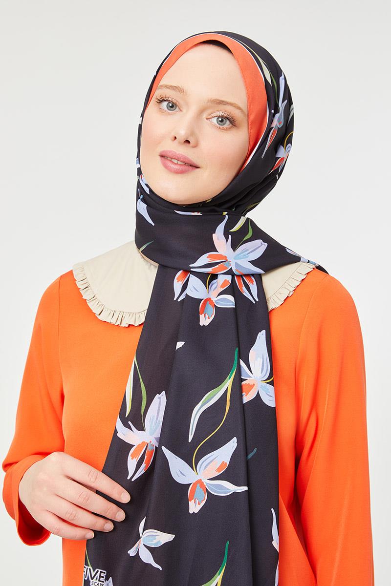 Fivescarf Kiremit Çiçek Baskılı Mono Krep Şal