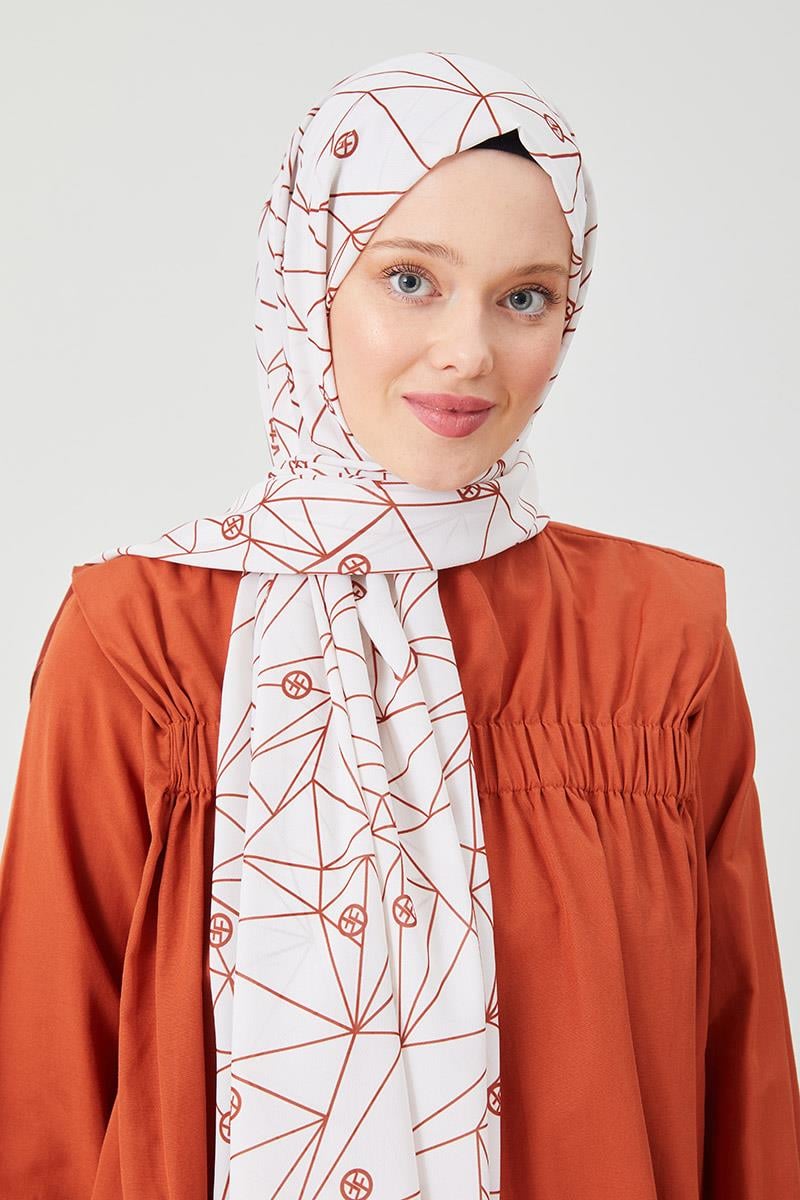 Fivescarf Kiremit Geometrik Desen Violet Medine İpeği Şal