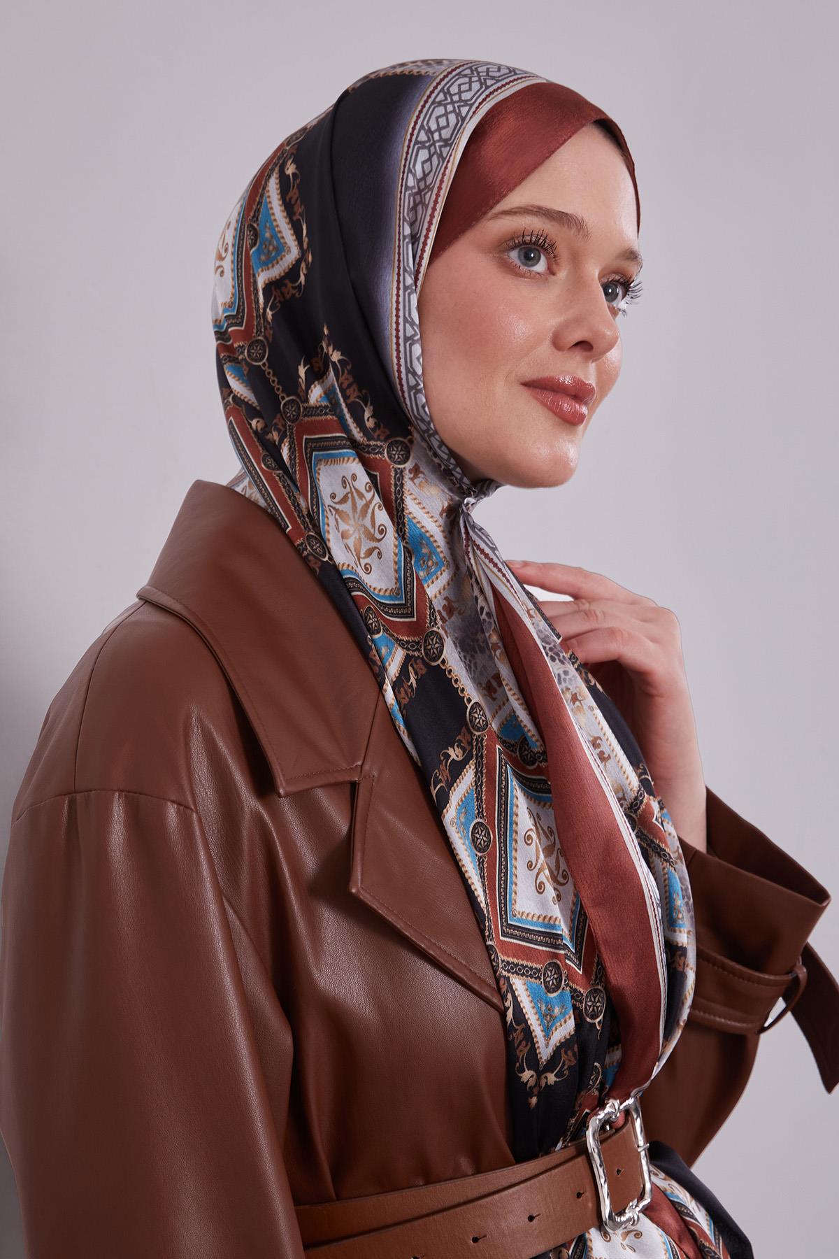 Fivescarf Kiremit Geometrik Desen Vual İpek Şal