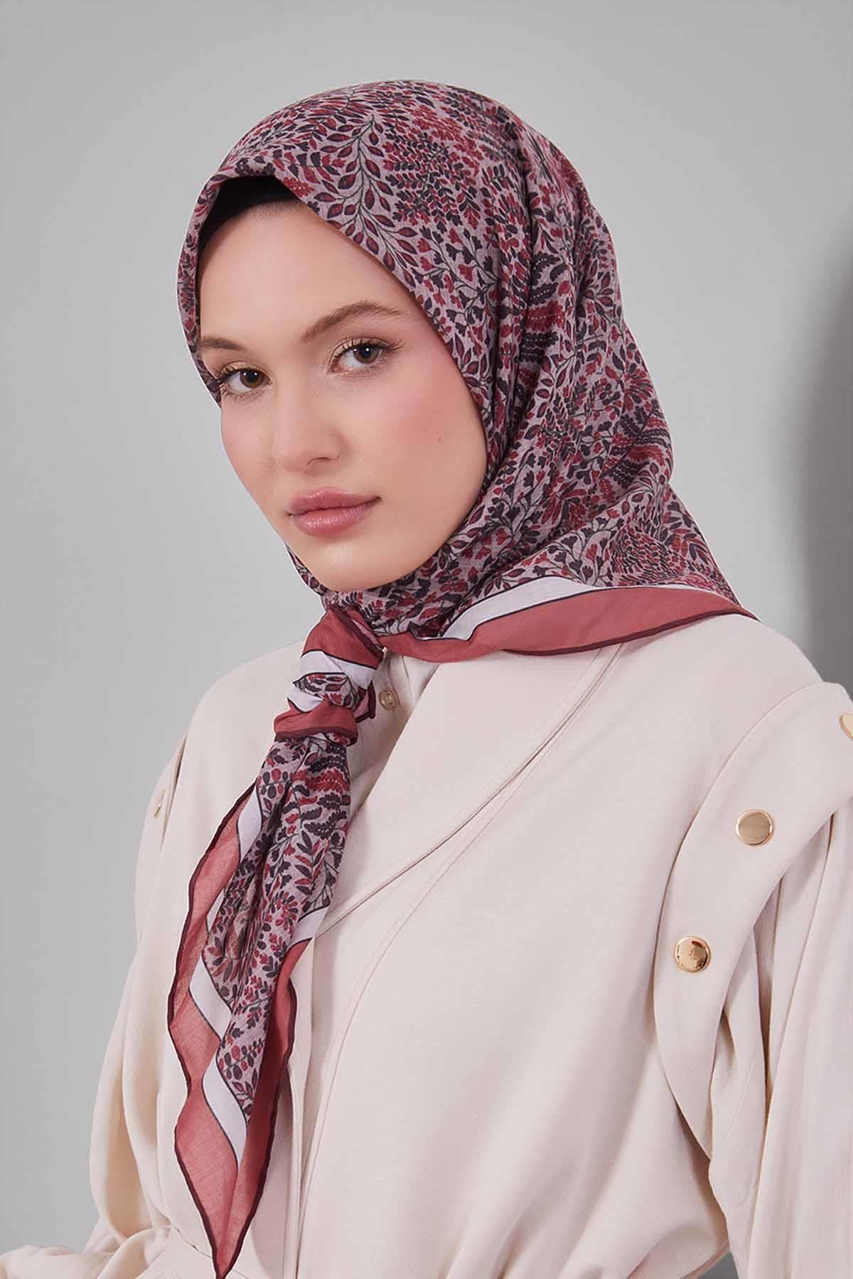 Fivescarf Kiremit Mini Yaprak Desen Silk Coton Eşarp