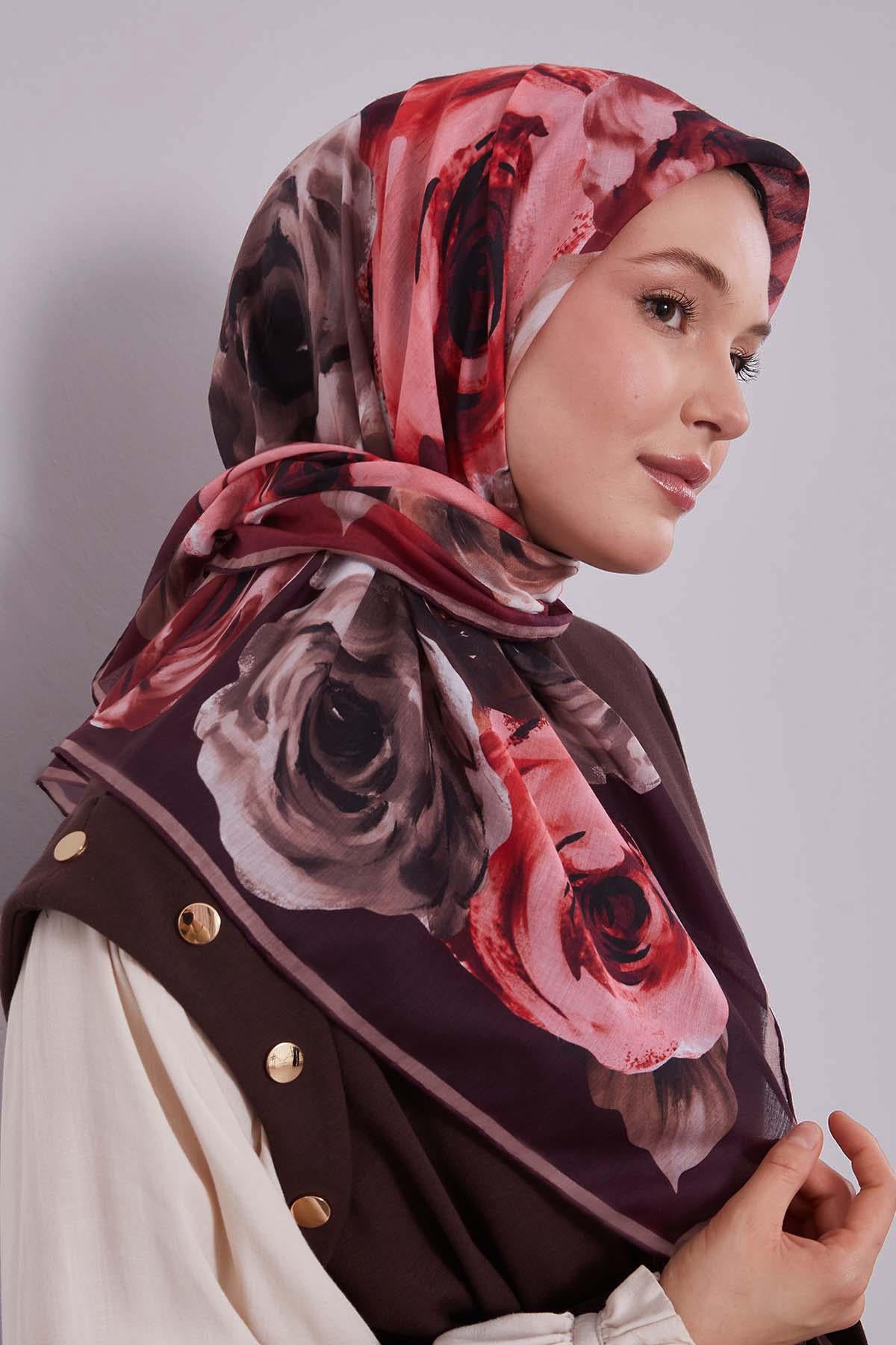 Fivescarf Kırmızı Çiçek Desen Slik Coton Eşarp