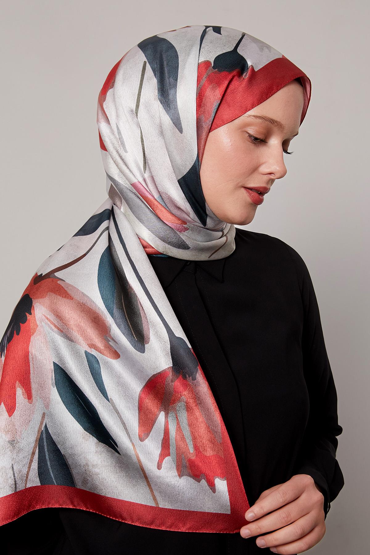 Fivescarf Kırmızı Somut Çiçek Desenli Vual İpek Şal