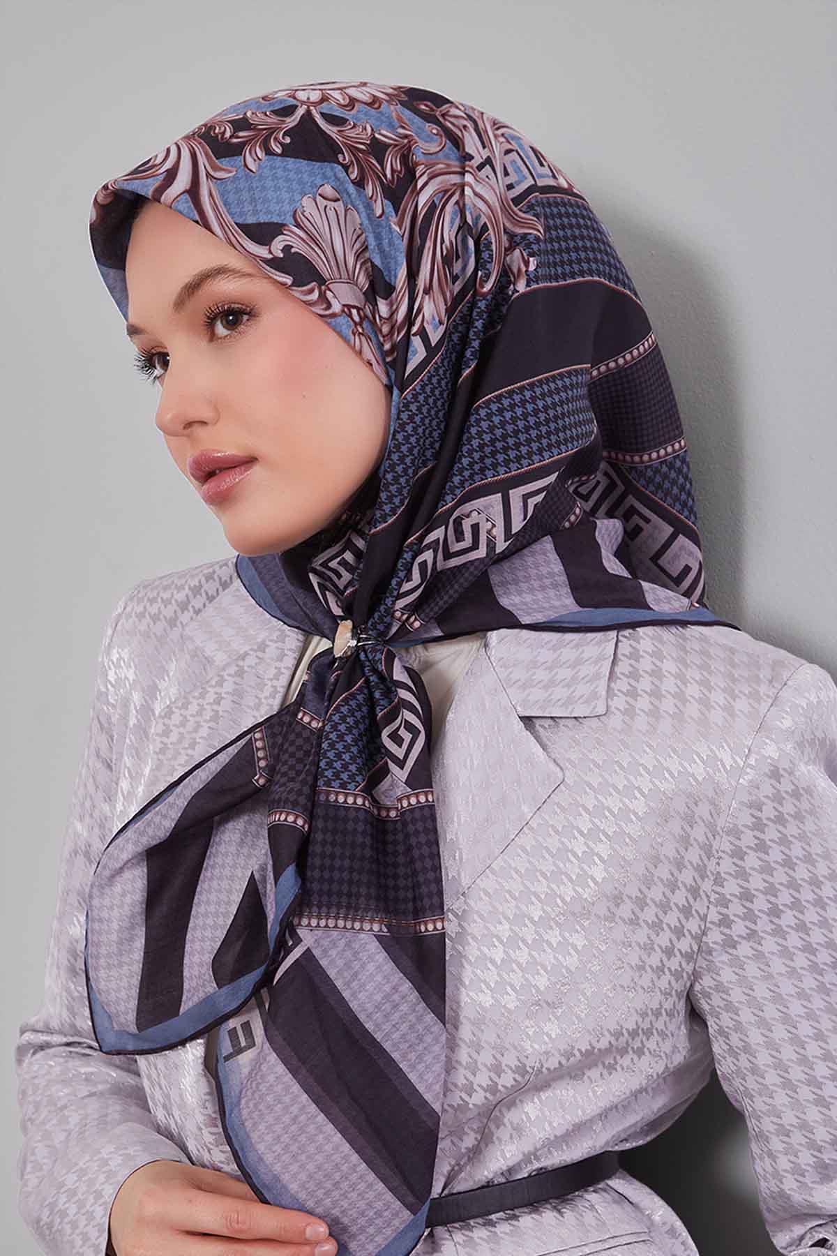 Fivescarf Kot Mavi Boncuk Desen Silk Coton Eşarp