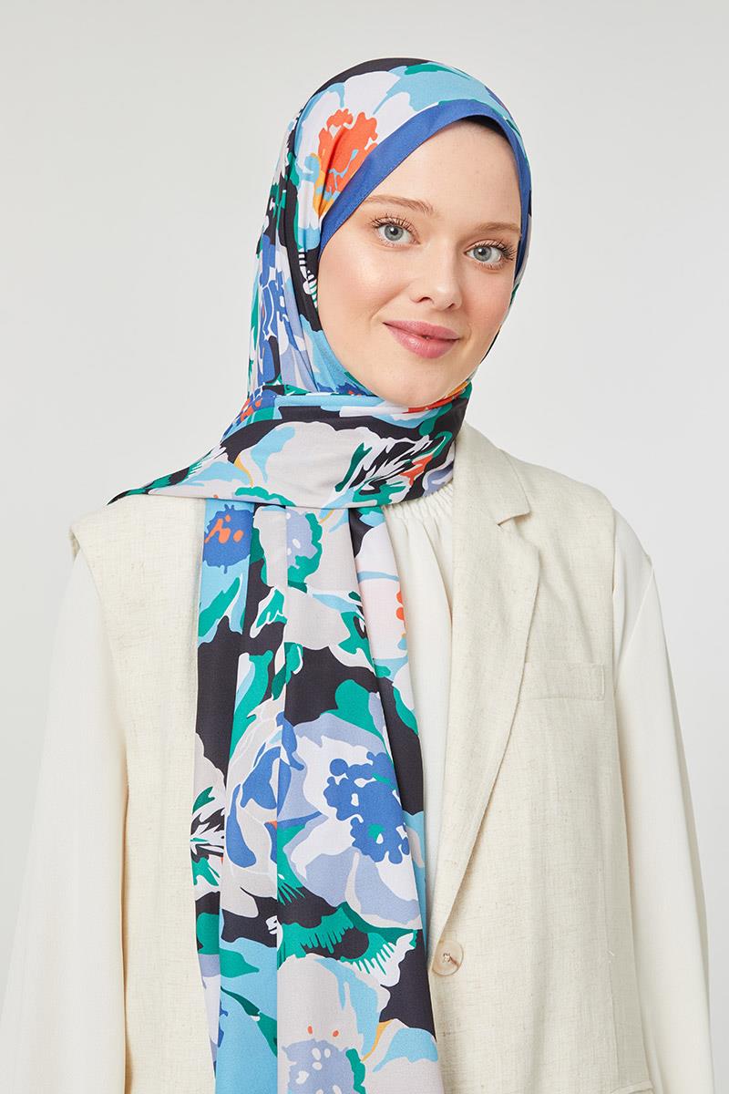 Fivescarf Kot Mavi Çiçek Desenli Mono Şal