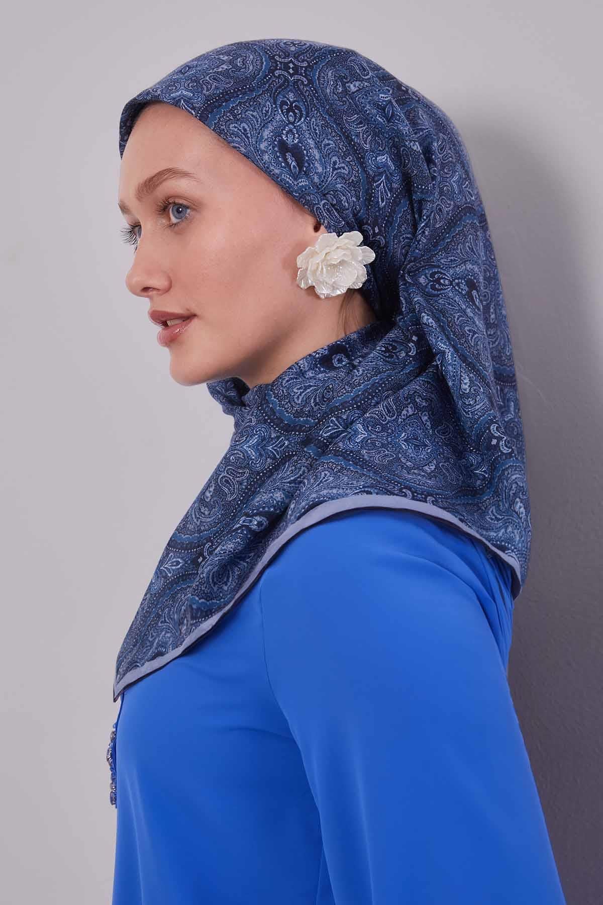 Fivescarf Kot Mavi Çini Desen Silk Coton Eşarp