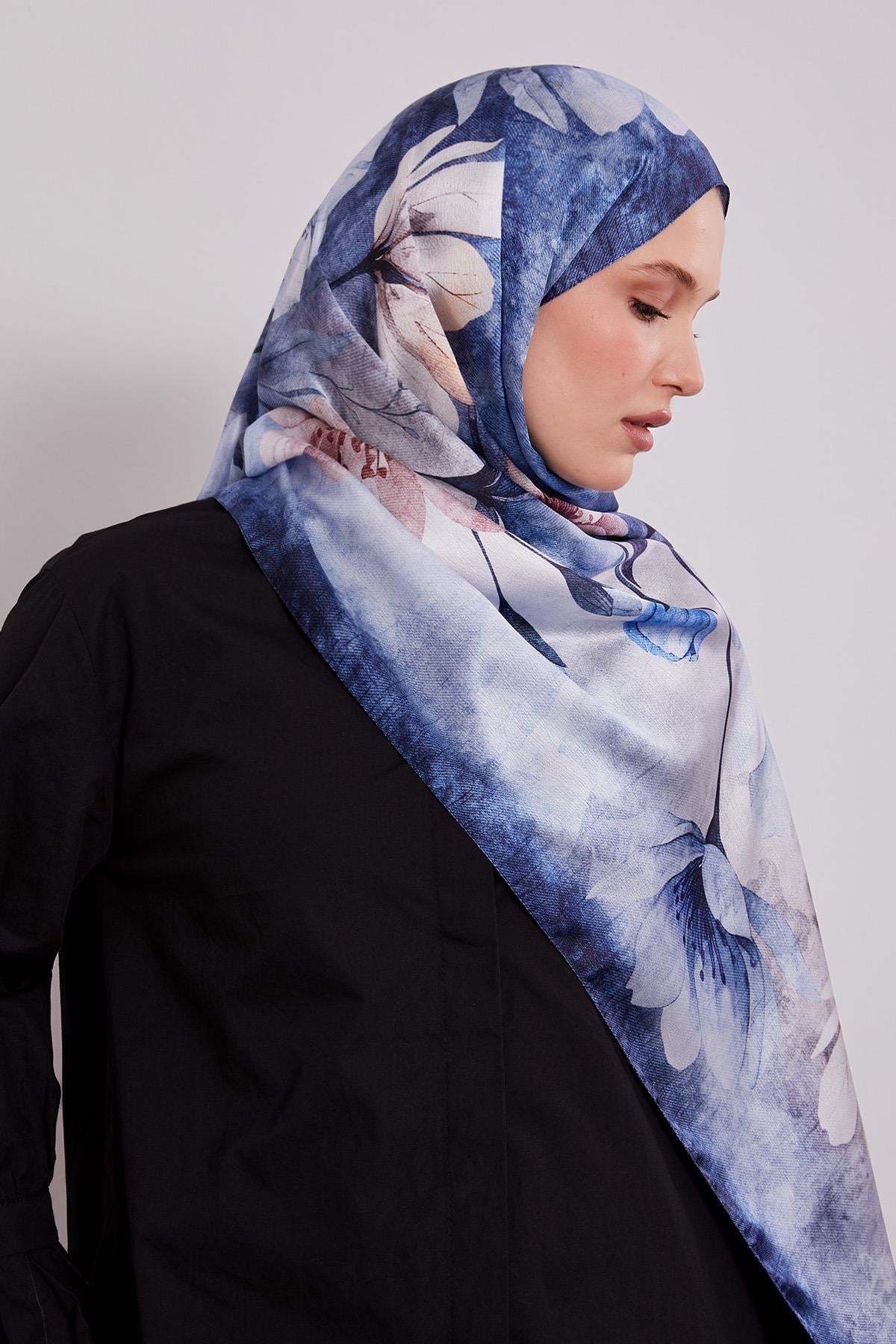 Fivescarf Kot Mavi Lale Desen Vual İpek Şal