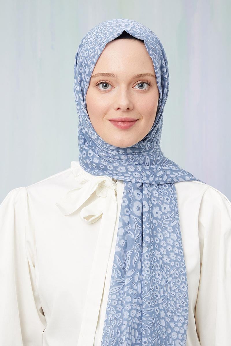 Fivescarf Kot Mavisi Desenli Cotton Şal