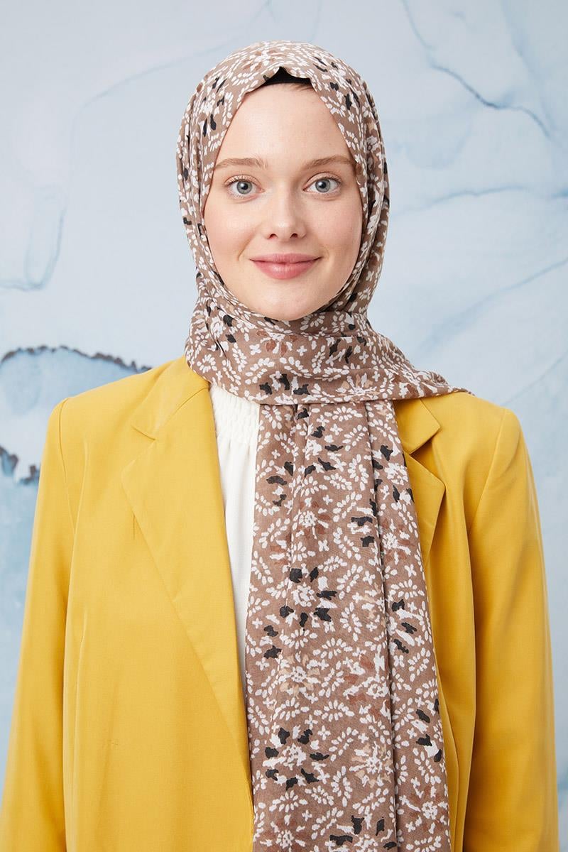 Fivescarf Koyu Bej Desenli Cotton Şal