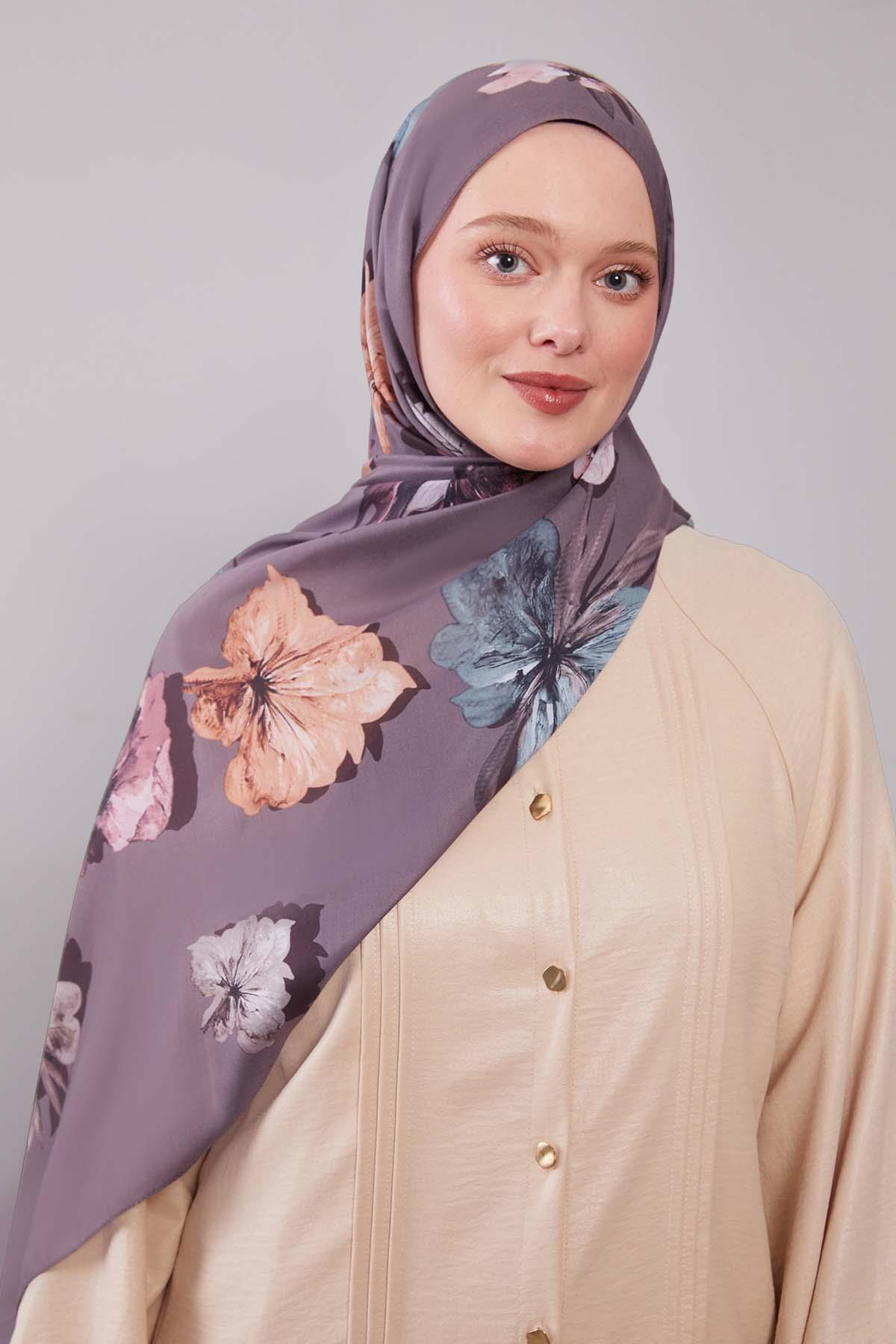 Fivescarf Koyu Vizon Çicek Desen Clover Şal