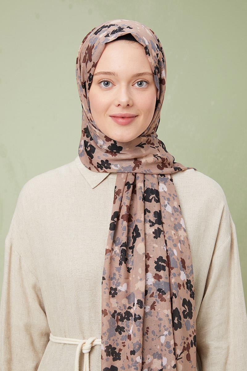 Fivescarf Koyu Vizon Desenli Cotton Şal