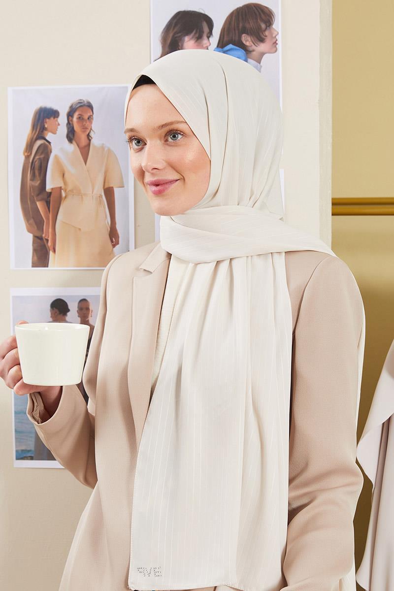 Fivescarf Krem Çizgili Desen Mood Medine İpeği Şal