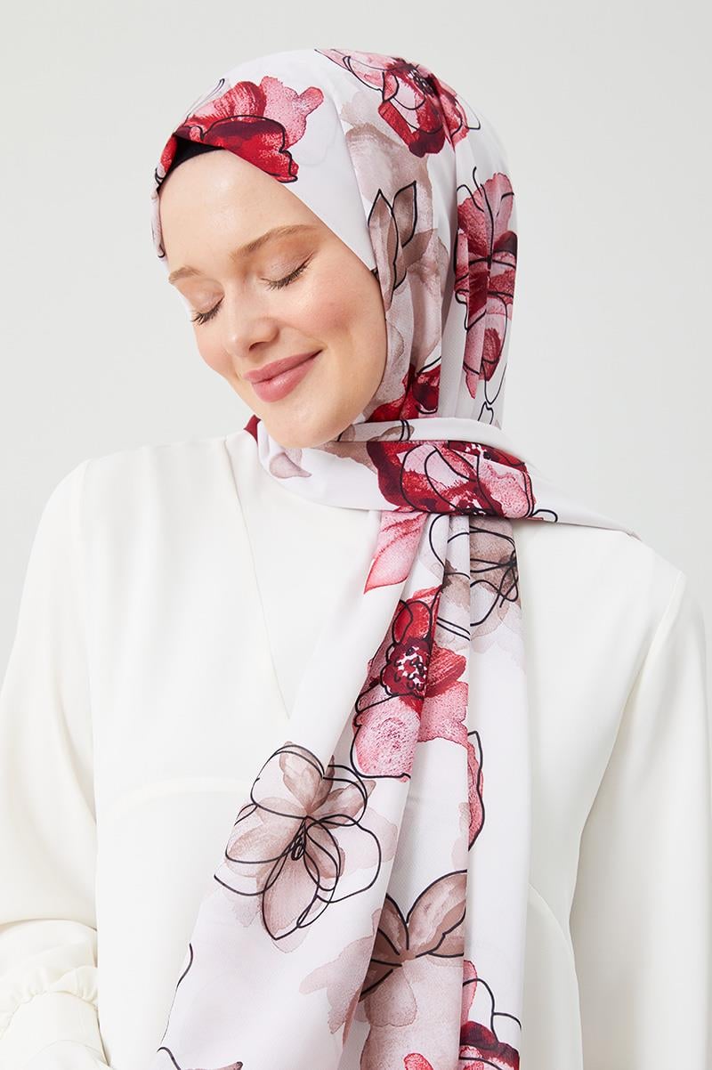 Fivescarf Krem Gül Desen Violet Medine İpeği Şal