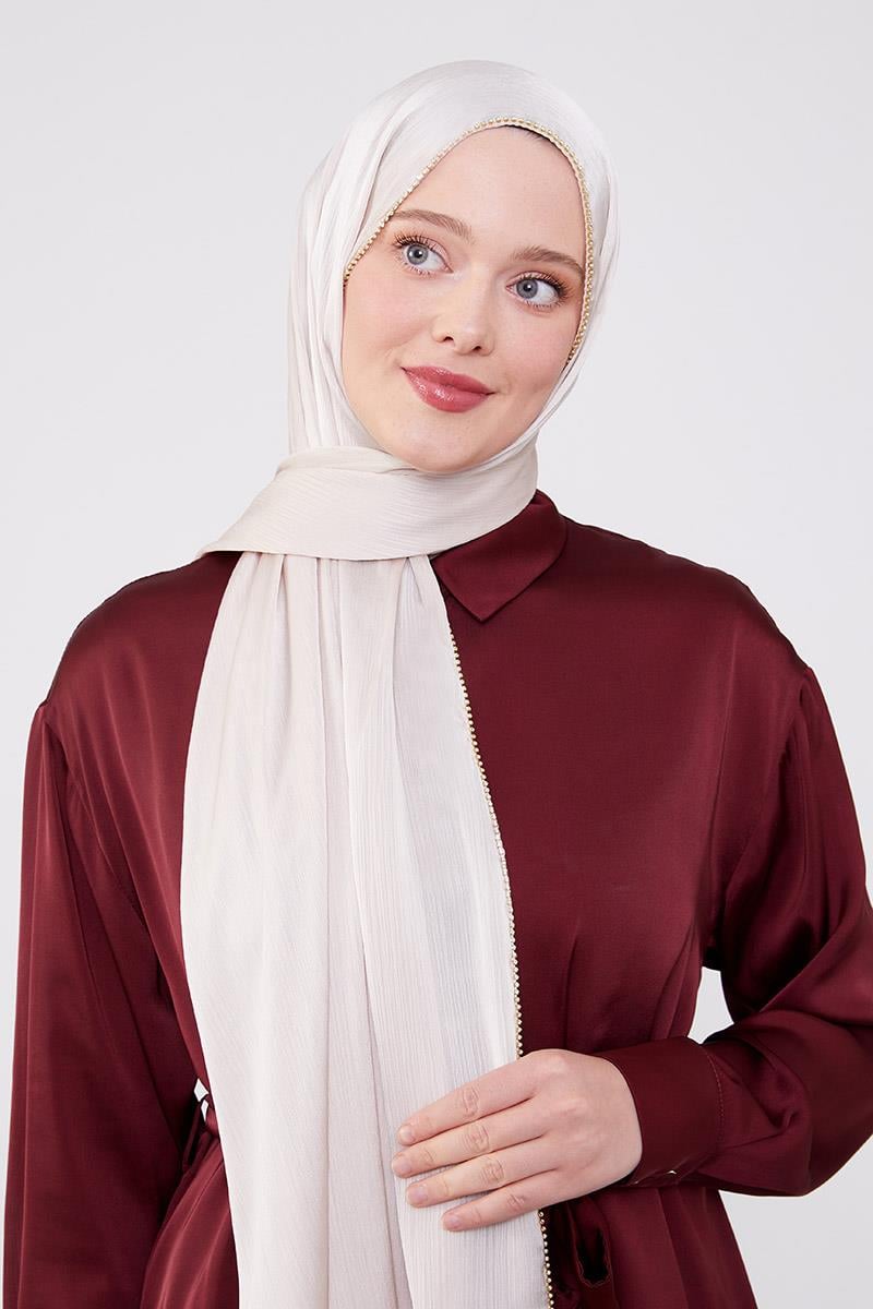 Fivescarf Krem Yanları Taş Şeritli Brilant Şal