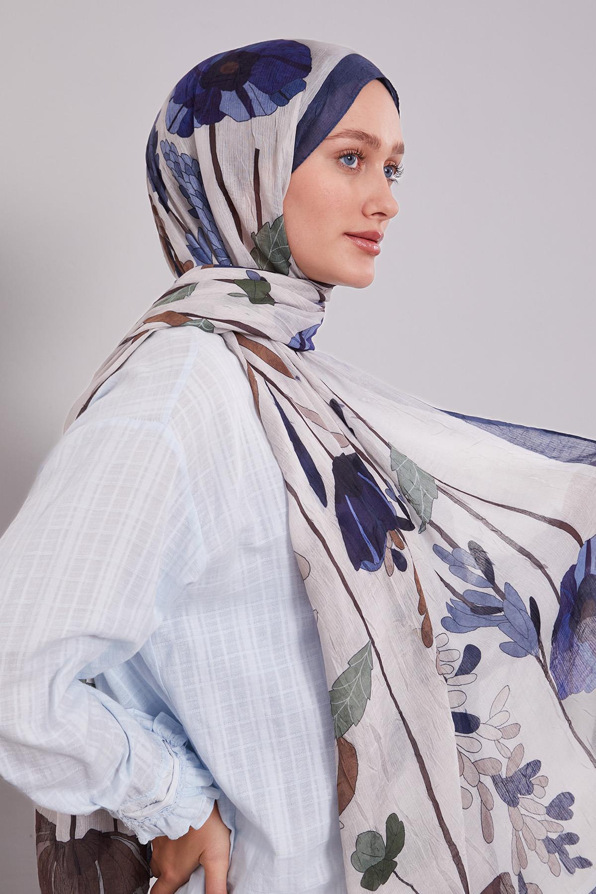 Fivescarf Lacivert Büyük Çiçek Desenli Craze Comfort Şal