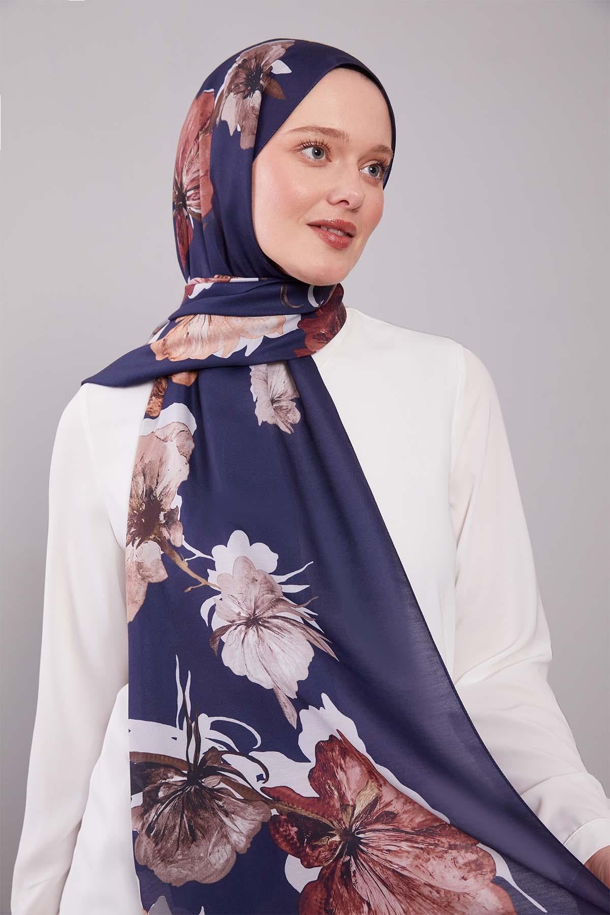 Fivescarf Lacivert Çicek Desen Clover Şal