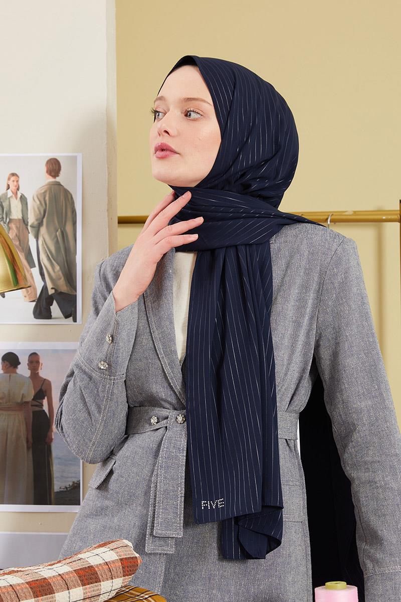 Fivescarf Lacivert Çizgili Desen Mood Medine İpeği Şal