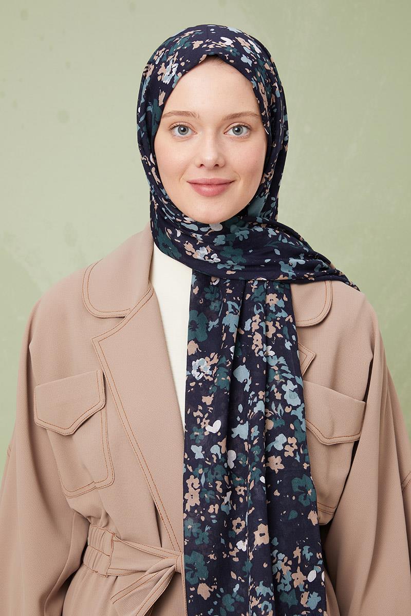 Fivescarf Lacivert Desenli Cotton Şal
