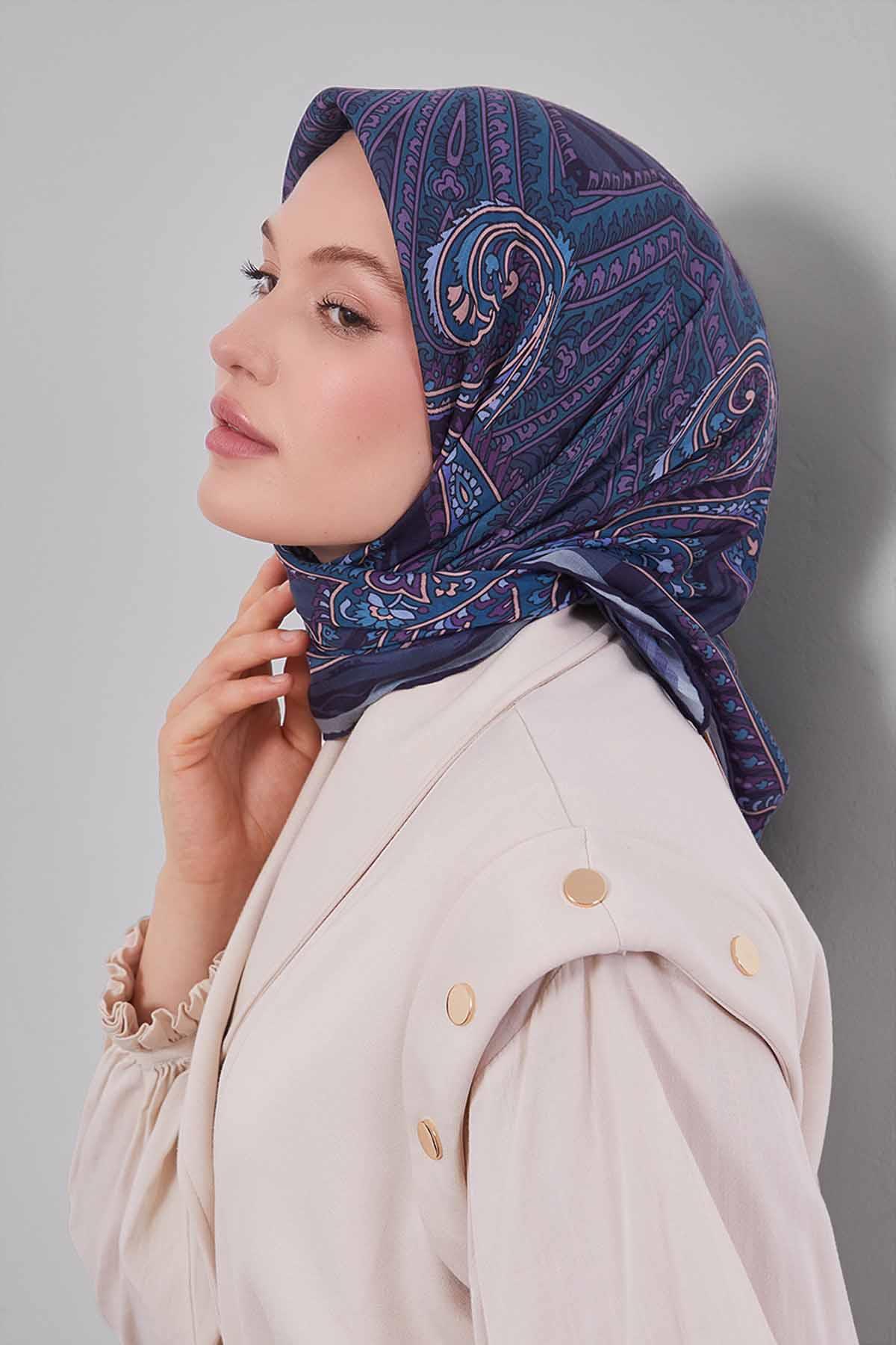 Fivescarf Lacivert Ebruli Desen Silk Coton Eşarp