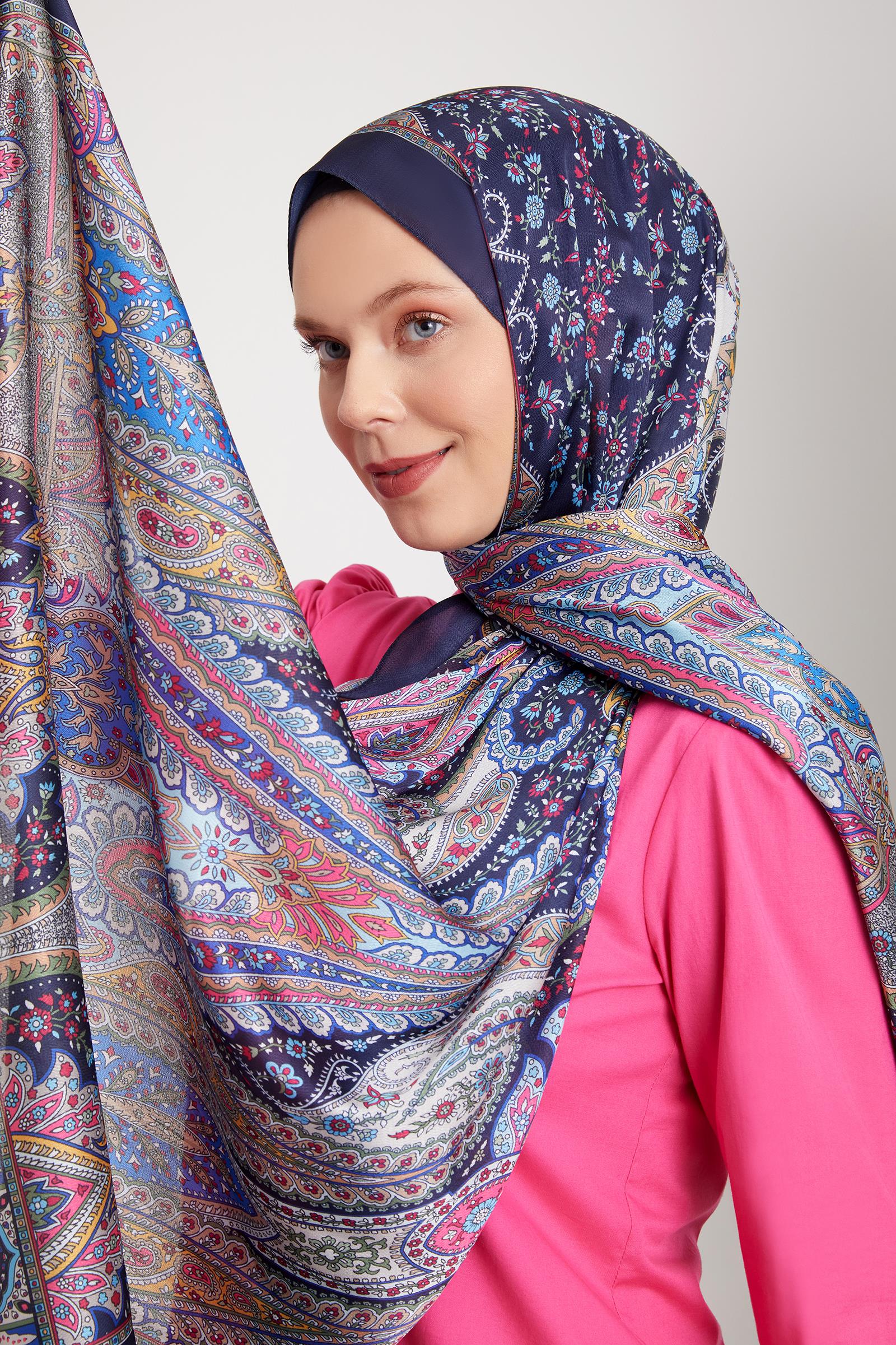 Fivescarf Lacivert Etnik Desen Vual İpek Şal