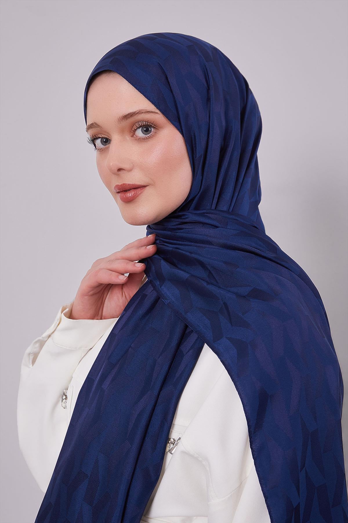 Fivescarf Lacivert Geometrik Desen Jakar Şal