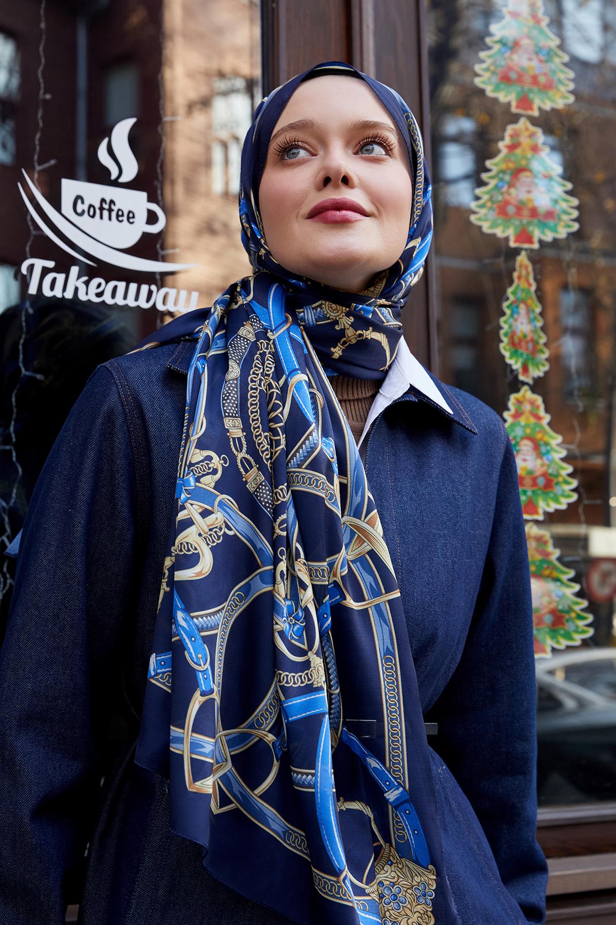 Fivescarf Lacivert Kemer Desen Vual İpek Şal