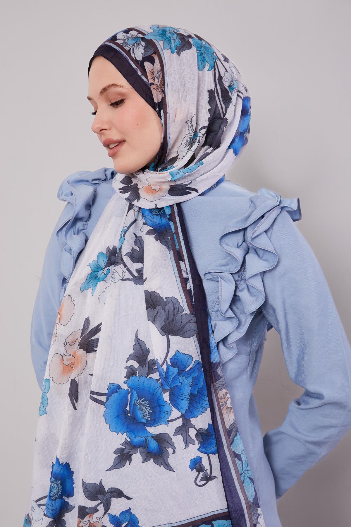 Fivescarf Lacivert Kenar Çiçek Desenli Craze Comfort Şal