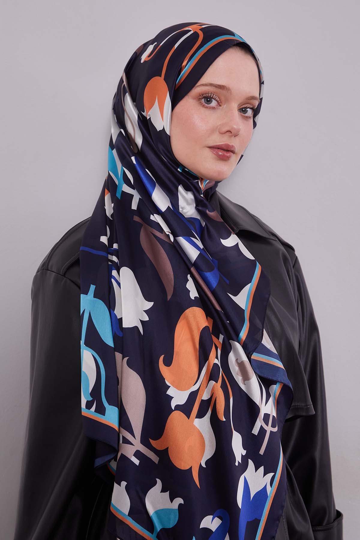 Fivescarf Lacivert Lale Desen Kristal Eşarp