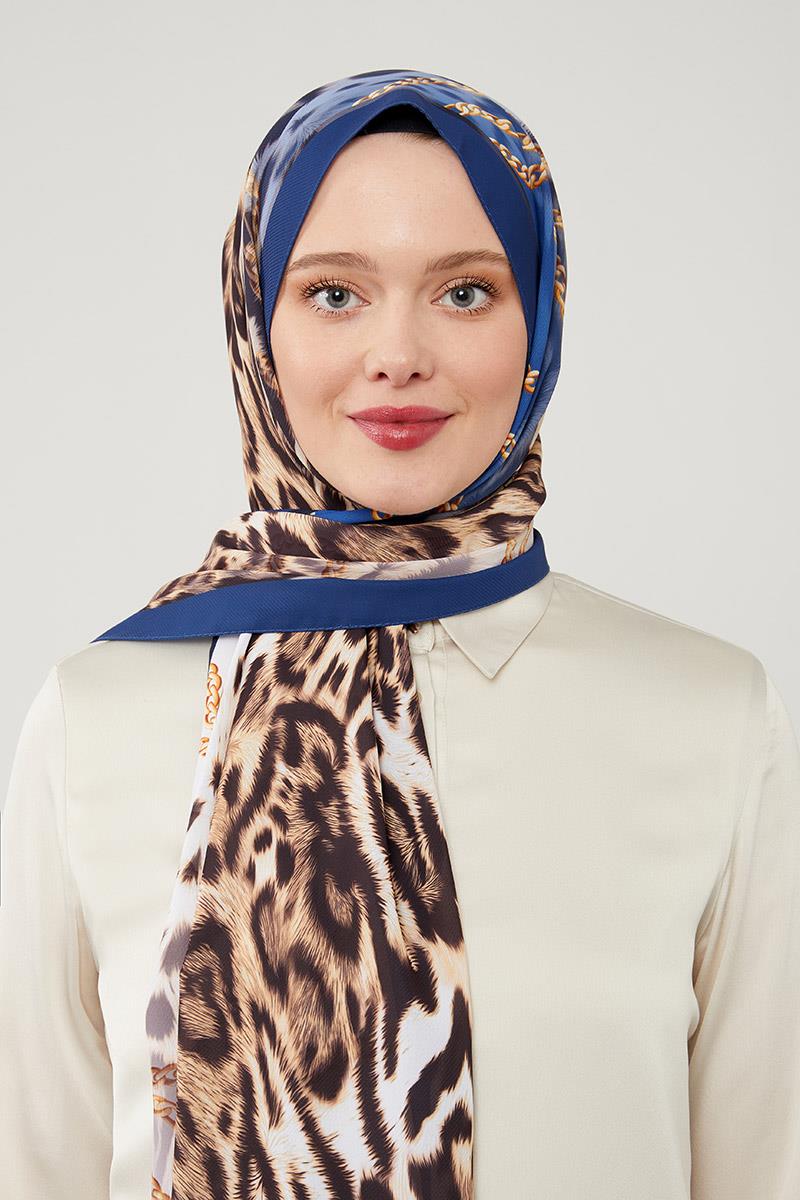 Fivescarf Lacivert Leopar Desen Violet Medine İpeği Şal