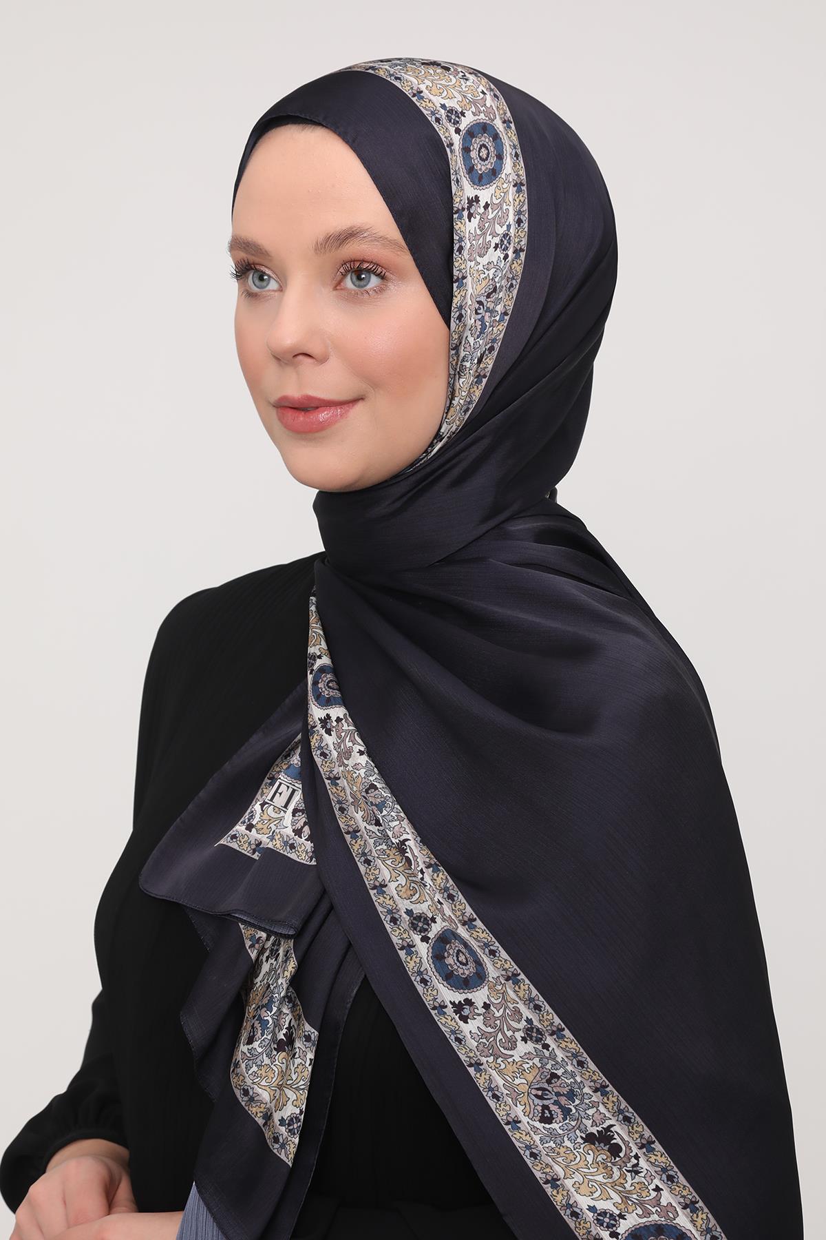 Fivescarf Lacivert Şeritli Etnik Desen Brand Şal