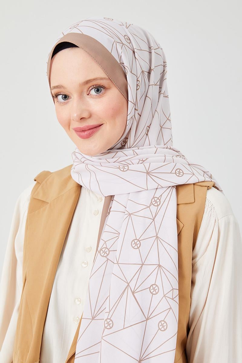 Fivescarf Latte Geometrik Desen Violet Medine İpeği Şal