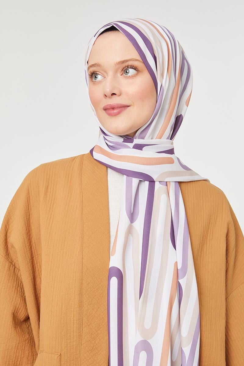 Fivescarf Lila Ataç Desen Mono Krep Şal
