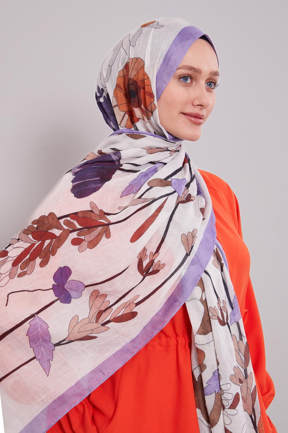 Fivescarf Lila Büyük Çiçek Desenli Craze Comfort Şal