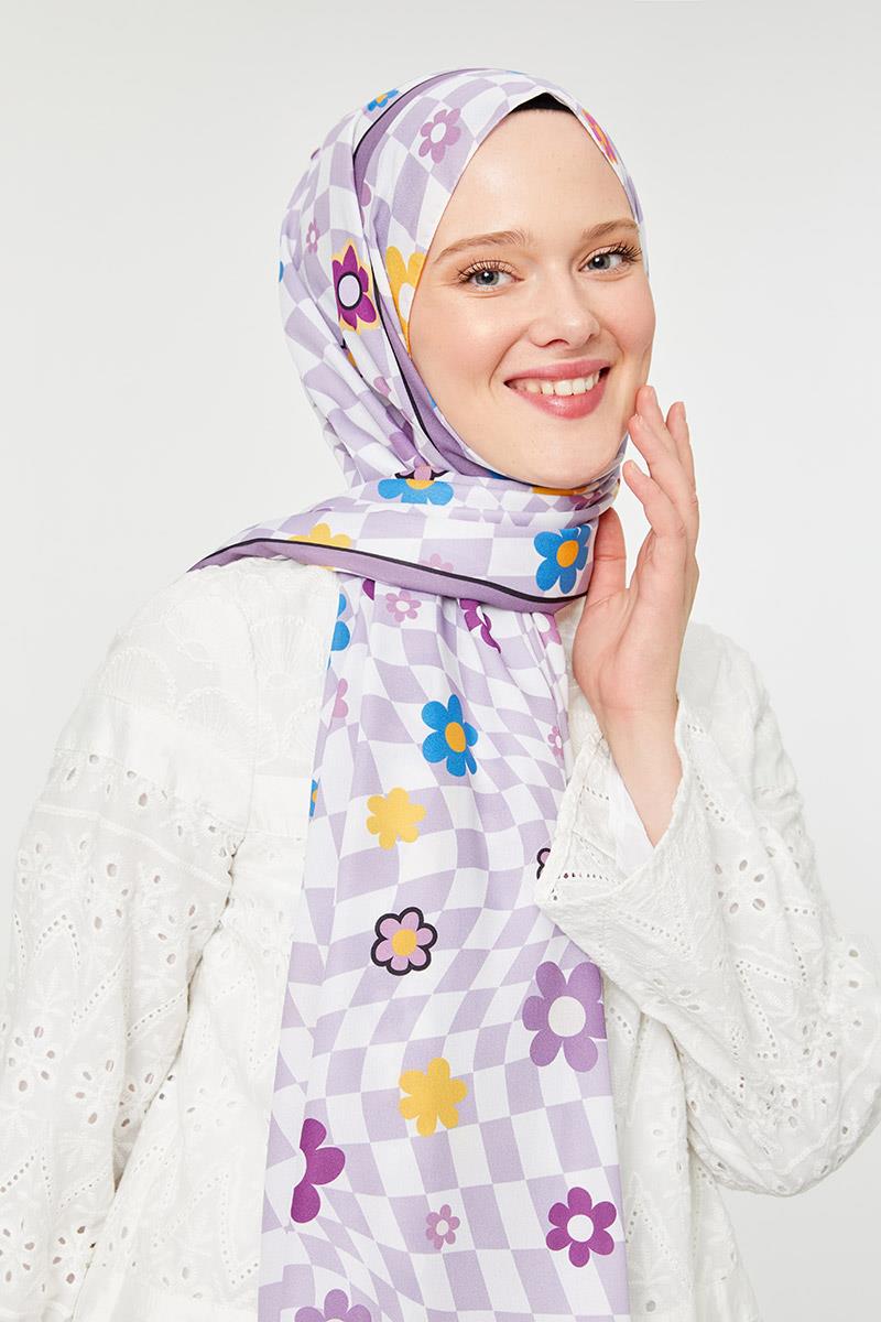 Fivescarf Lila Çiçek Desen Mono Krep Şal