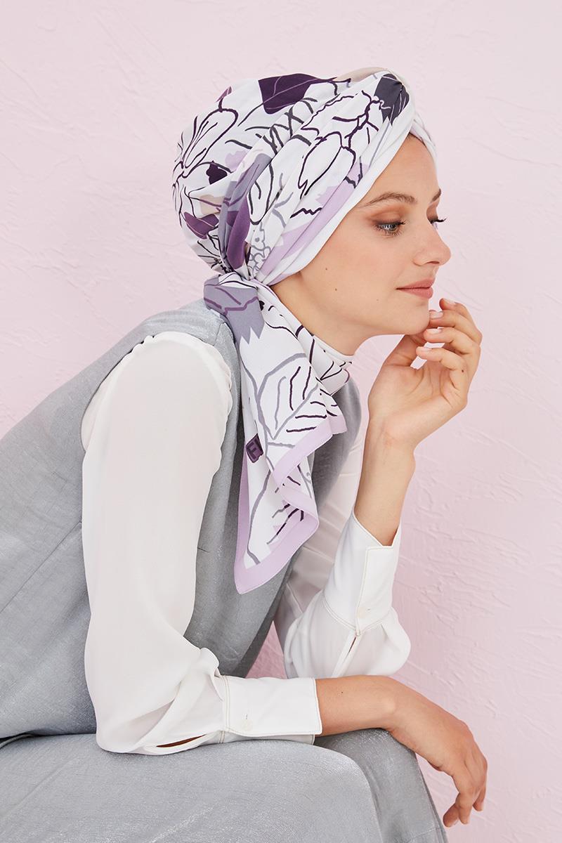 Fivescarf Lila Yaprak Desen Krep Şal