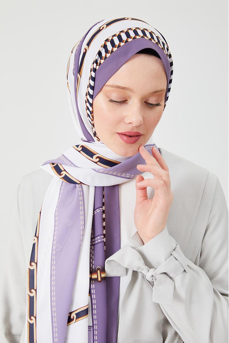 Fivescarf Lila Zincir Desen Violet Medine İpeği Şal