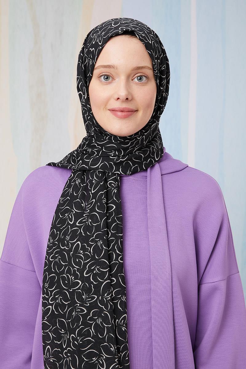 Fivescarf Mat Siyah Desenli Cotton Şal
