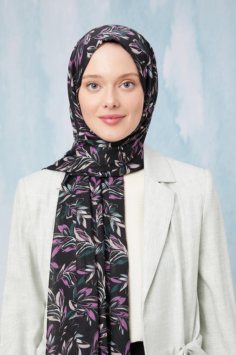 Fivescarf Mat Siyah Desenli Cotton Şal