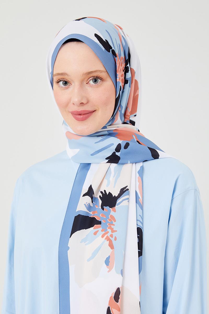 Fivescarf Mavi Açelya Desen Violet Medine İpeği Şal
