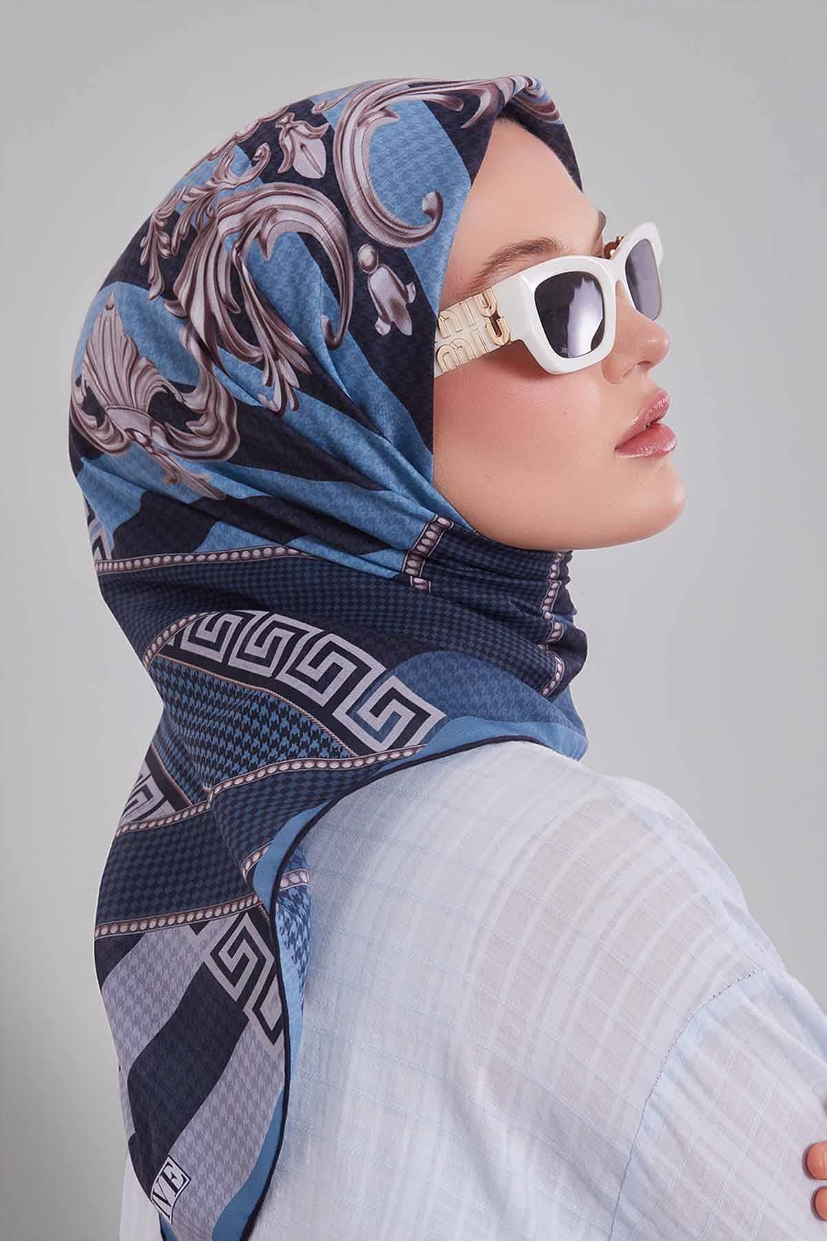 Fivescarf Mavi Boncuk Desen Silk Coton Eşarp