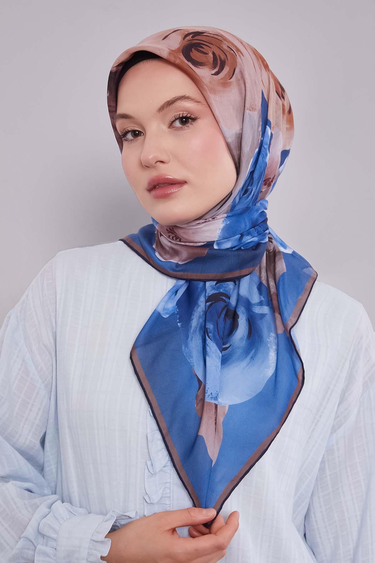 Fivescarf Mavi Çiçek Desen Slik Coton Eşarp