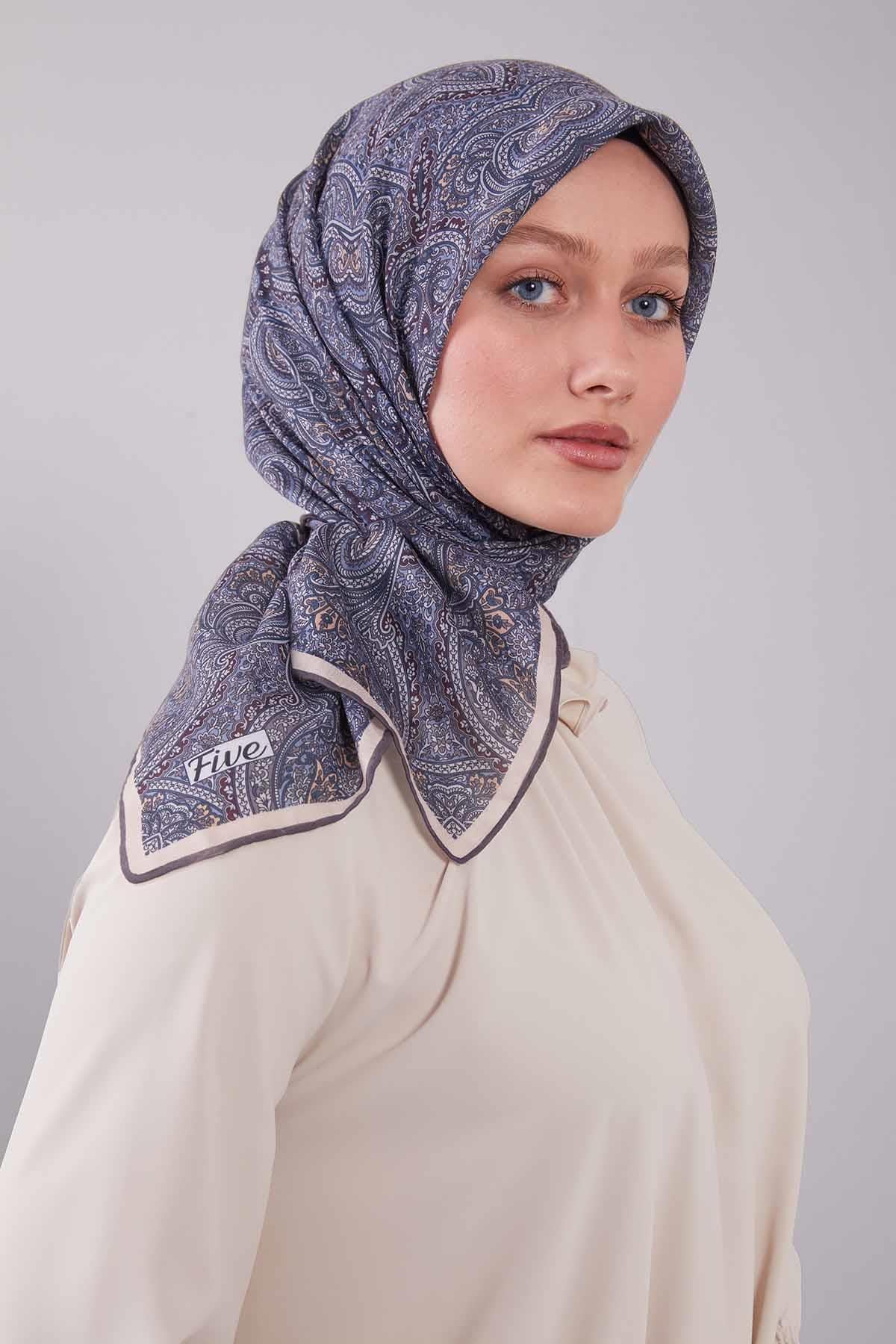 Fivescarf Mavi Etnik Desen Silk Cotton Eşarp