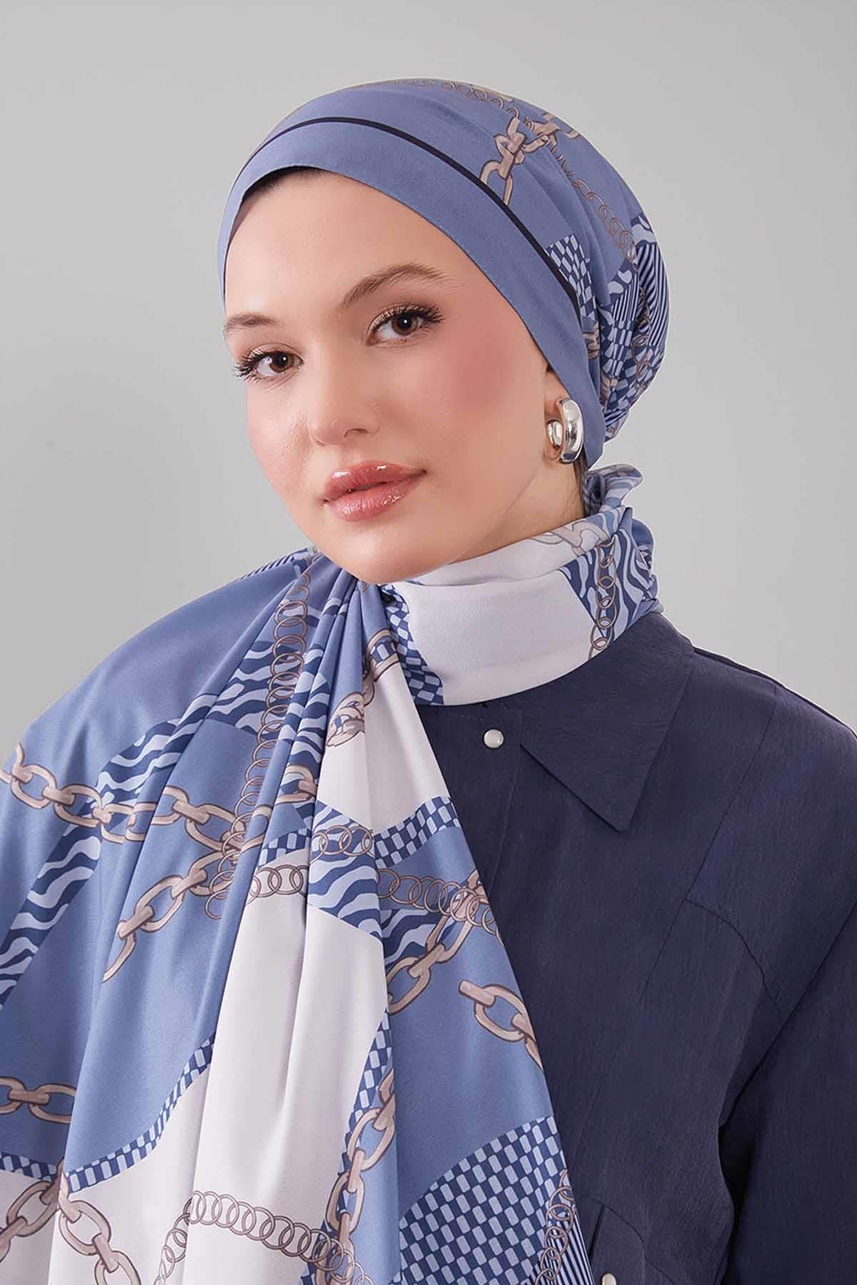 Fivescarf Mavi Gold Zincir Desen Moos Chrep Şal