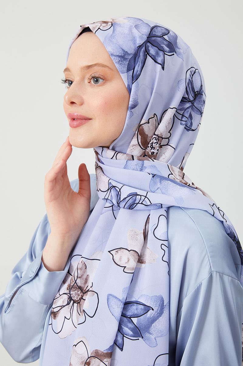 Fivescarf Mavi Gül Desen Violet Medine İpeği Şal