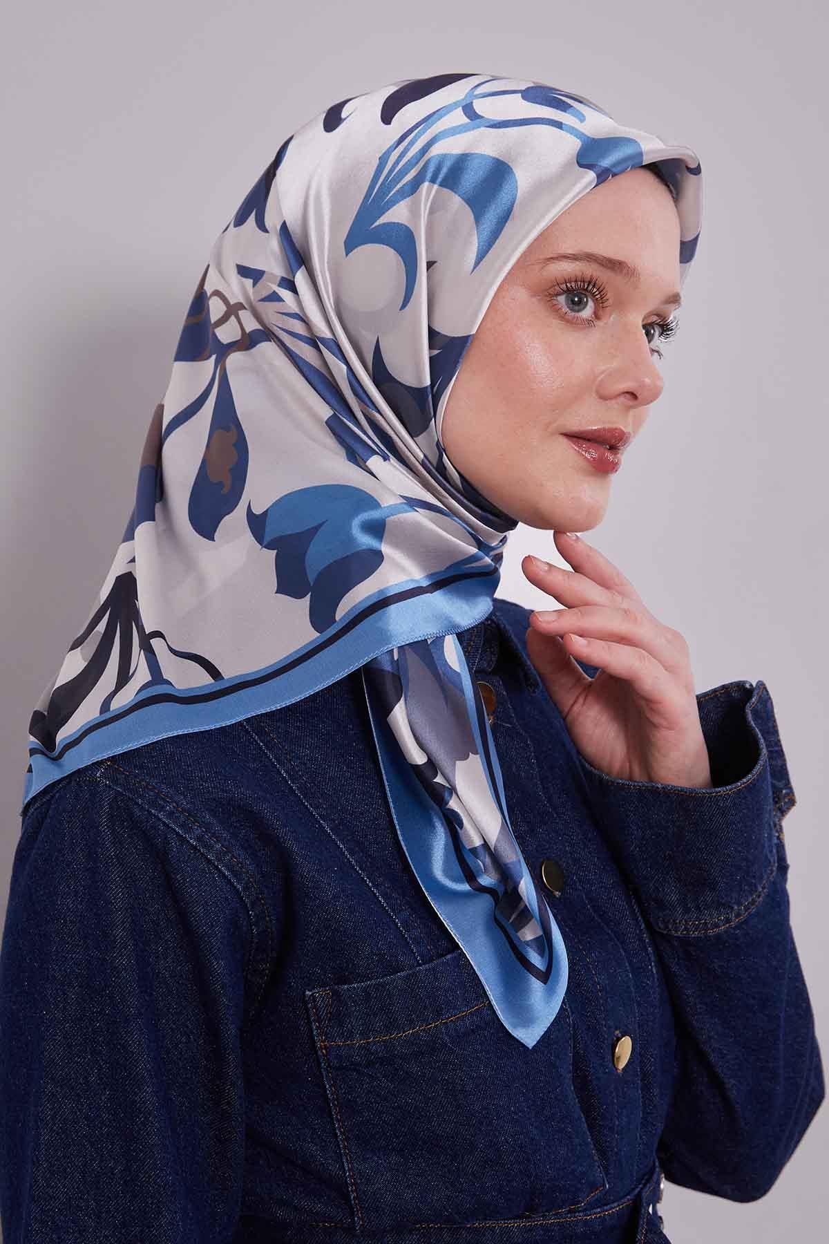 Fivescarf Mavi Lale Desen Kristal Eşarp