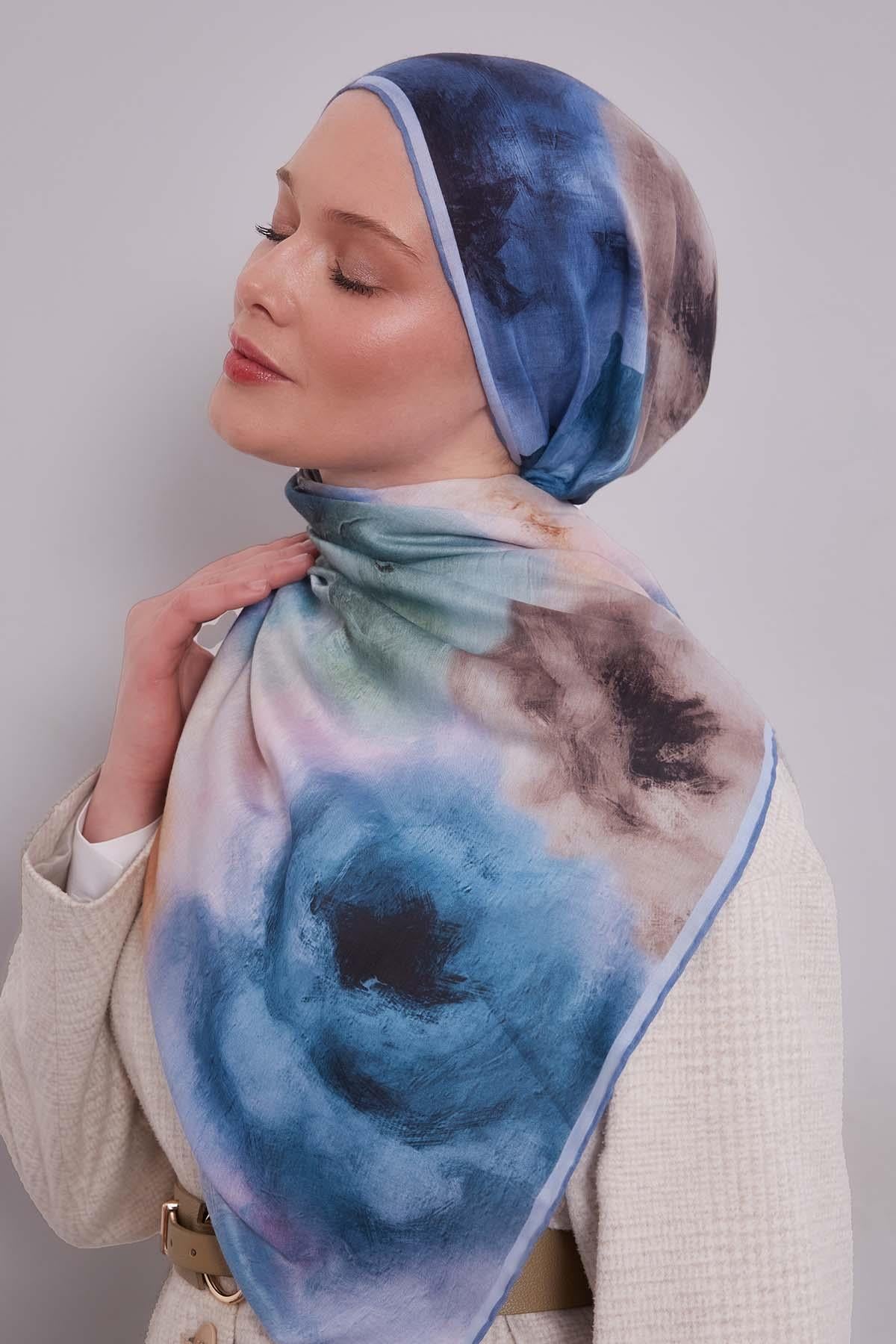 Fivescarf Mavi Lotus Çiçeği Silk Coton Eşarp