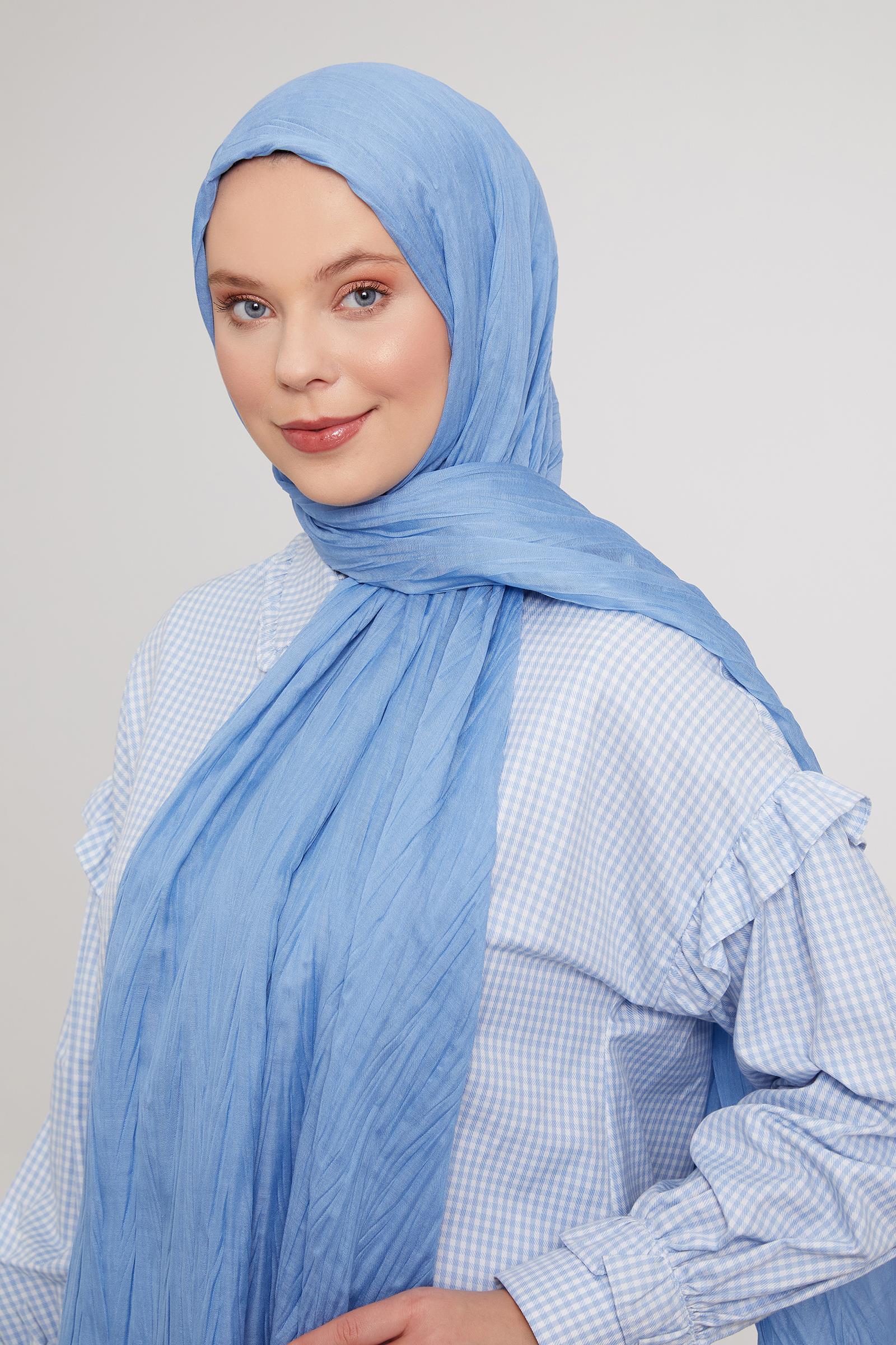 Fivescarf Mavi Pliseli Pamuklu Şal